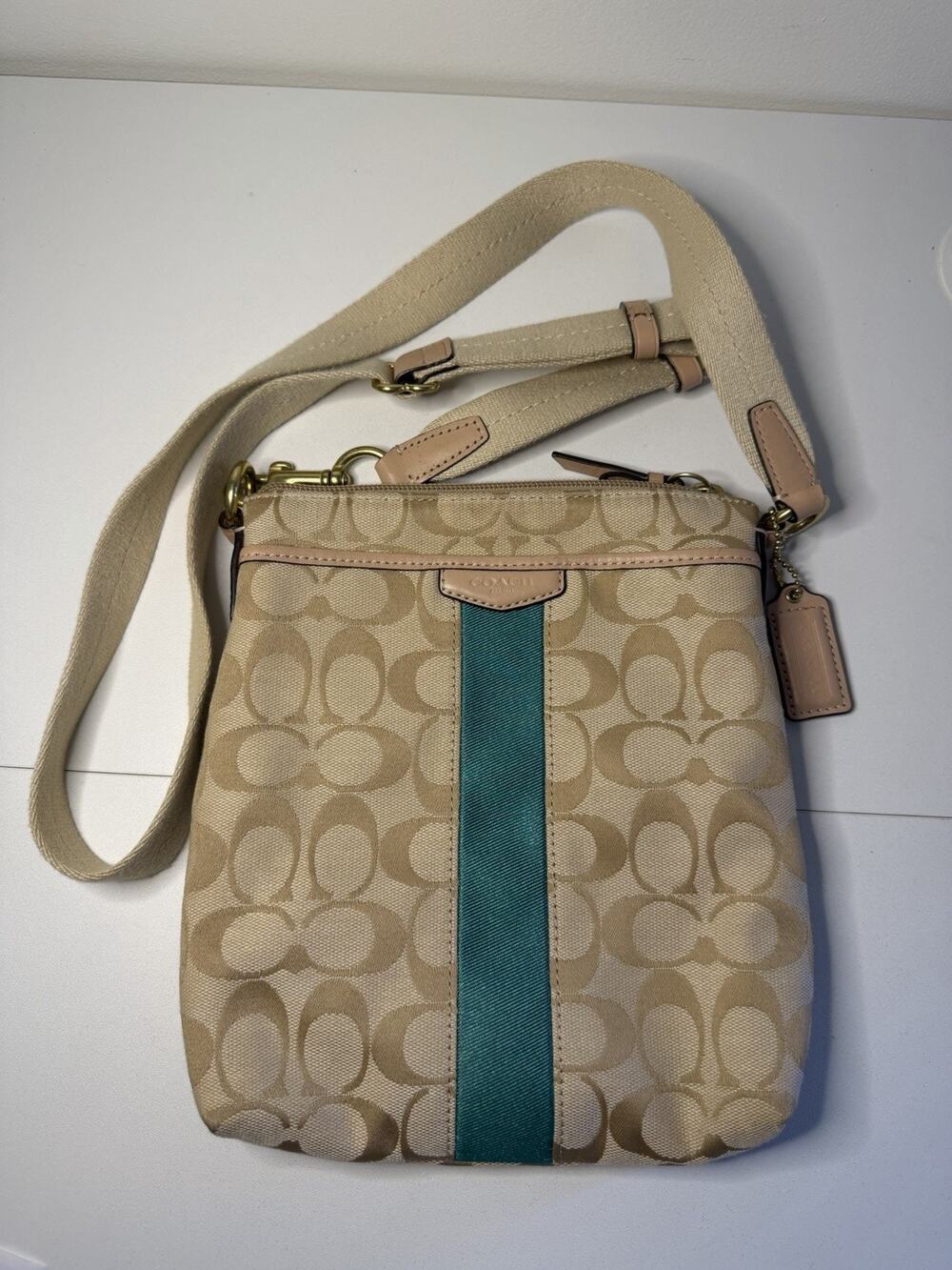 Vintage Coach Y2K Signature Jacquard C Crossbody Bag Teal Stripe Shoulder Clutch
